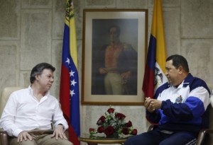 Juan Manuel Santos y Hugo Chavez en La Habana este miercoles. Foto: presidencia de Colombia