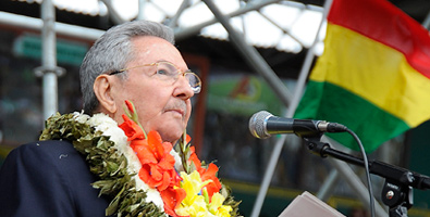 Raúl Castro pronunciando su discurso en Santa Cruz, Bolivia el 14 de junio de 2014.