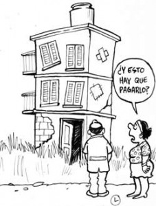 Caricatura publicada en el diario Trabajadores criticando el estado constructivo de las viviendas.