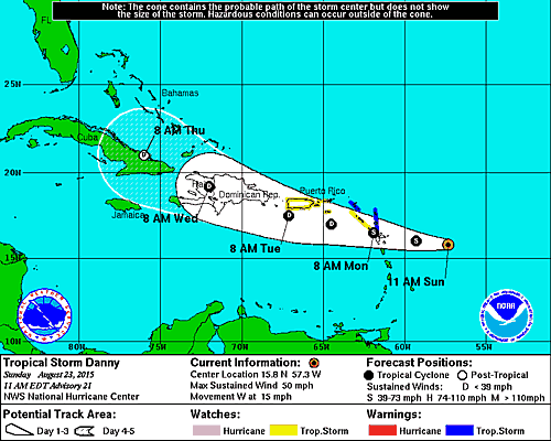 La tormenta tropical Danny a las 11:00 a.m. del domingo. Grafico: NHC