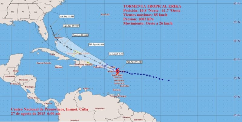 Cono de proyección de la tormenta tropical Erika a las 6:00 A.M. del jueves.