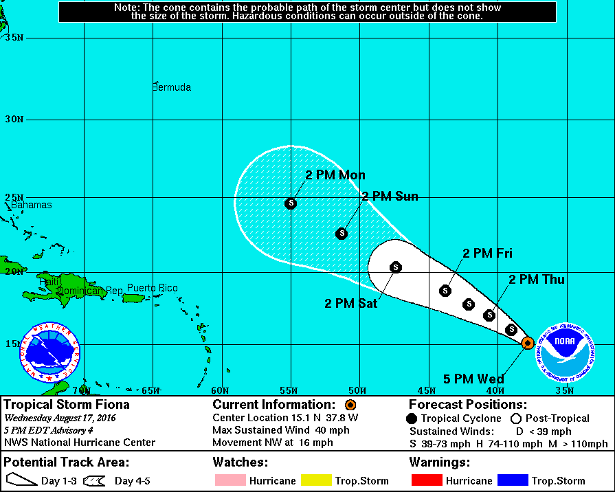 Cono de proyección de la tormenta tropical Fiona. Gráfico: National Hurricane Center 